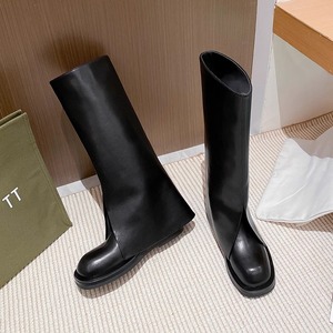 Botas hasta la rodilla para mujer con diseño único de caña plegada, punta redonda, tacón plano, botas casuales para moda urbana y uso diario. - Product Image 3