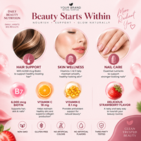 Gummies pour cheveux, peau et ongles en marque privée avec biotine, collagène, vitamines C et E, saveur fraise, OEM ODM