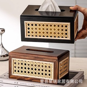 Caja de pañuelos de madera maciza de estilo japonés con incrustaciones de ratán, diseño retro para sala de estar y comedor, decoración del hogar - Product Image 2