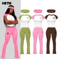 Ensemble de loungewear deux pièces tendance été 2026 pour femme, avec pantalon évasé à blocs de couleur et manches raglan, personnalisable avec logo
