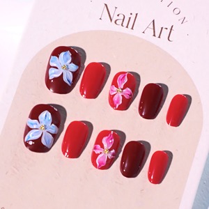 JL0676 <span class=keywords><strong>Faux</strong></span> <span class=keywords><strong>ongles</strong></span> courts ovales <span class=keywords><strong>bordeaux</strong></span> avec fleurs 3D, <span class=keywords><strong>ongles</strong></span> artificiels, personnalisation OEM ODM - Product Image 4