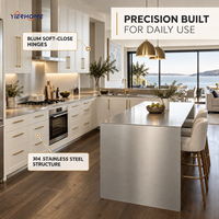 Armoires de cuisine modernes sur mesure en acier inoxydable 304 avec portes à panneaux plats et îlot, plan de travail résistant aux rayures pour villas côtières