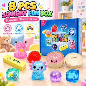 Lot de 8 jouets sensoriels anti-stress Squishy Fun Box, adorables animaux, fruits, cubes océaniques, jouets à presser pour garçons et filles 14+ en TPR - Product Image 1
