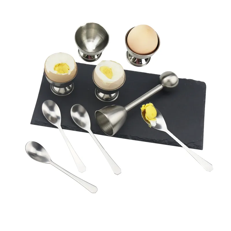 Stainless Steel Egg Cracker Topper Set Soft Hard Boiled Egg Opener Include 4 Cup 4 Spoon 1 Egg Topper for Breakfast set
