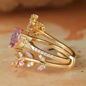 Anelli ZhuQian all'ingrosso con zirconi a forma di cuore rosa dolce per donna, gioielli di lusso placcati oro a più strati con rami delicati e brillanti - Product Image 6