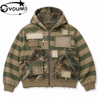 YOUMI ODM/OEM Sweat à capuche zippé pour homme, style patchwork vieilli, imprimé personnalisé, grammage lourd, effet délavé vintage, avec rivets et ourlet brut