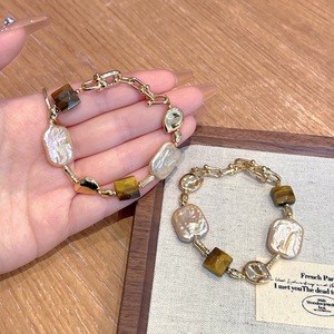 French Square Sugar Tiger Eye Stone <strong>Beaded</strong> Bracelet, Handmade Baroque Natural Freshwater Pearl Bracele - Product Image 5