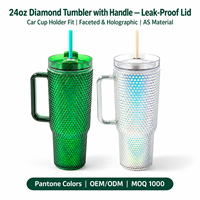 Gobelet réutilisable en plastique AS de 24 oz à texture diamantée avec poignée et paille, couvercle rotatif anti-fuite, compatible porte-gobelet de voiture