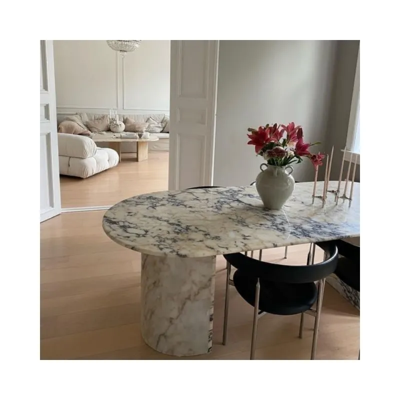 SHIHUI Luxury Natural Stone Design Furniture Kitchen Oval Calacatta Viola White Marble Dining Room Table
