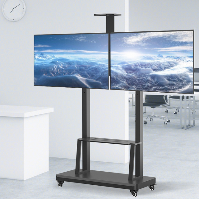 Rotatable SPCC Steel TV Cart 32-65 Inch 360 Degrees Mobile Dual Screen Rolling Stand with Wheels 120KG Capacity
