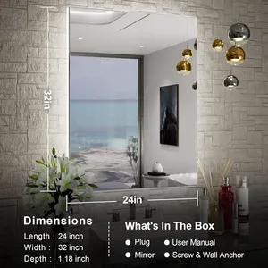 Espejo de tocador de baño con retroiluminación LED, antivaho, regulable, botón táctil, a prueba de agua, montado en la pared horizontal/vertical - Product Image 2