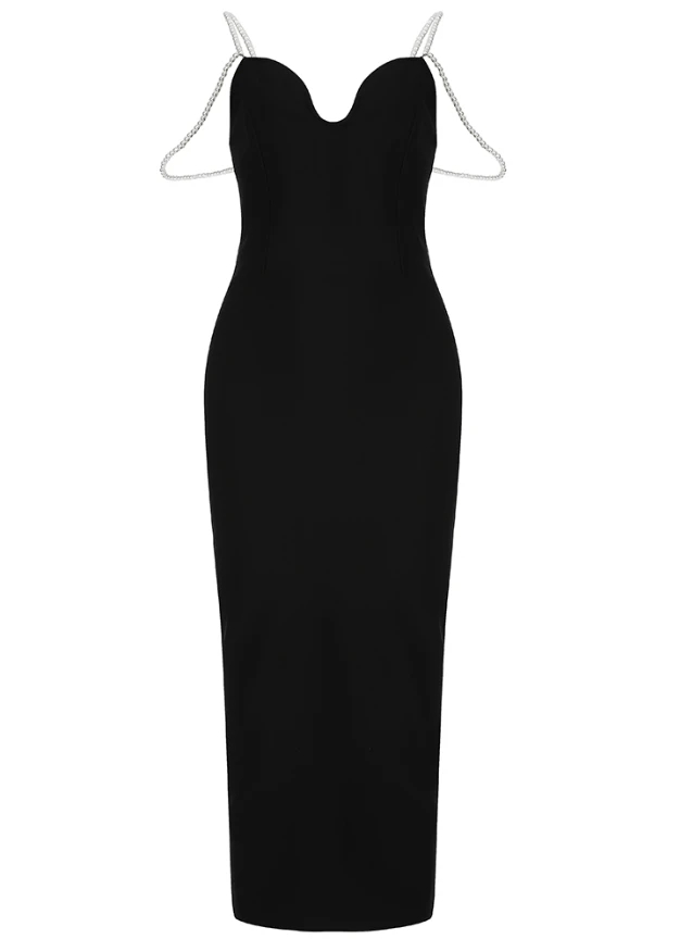 Ocstrade Pearl Strap Plunge Low Cut Black Backless Midi Dress Ocstrade Pearl Strap Plunge Low Cut Black Backless Midi Dress