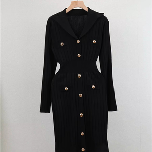 Abito Elegante da Donna a Linea A, Stile Francese, a Maniche Lunghe, in Maglia Traspirante, Tinta Unita, con Bottoni, Stile Semplice e Casual, per Autunno e Inverno - Product Image 5