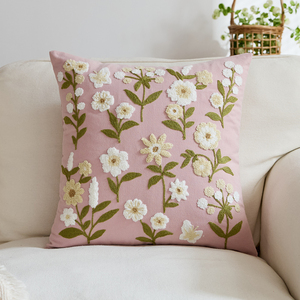 Housse de coussin rectangulaire moderne en coton doux rose, brodée de fleurs 3D, pour salon et literie - Product Image 3