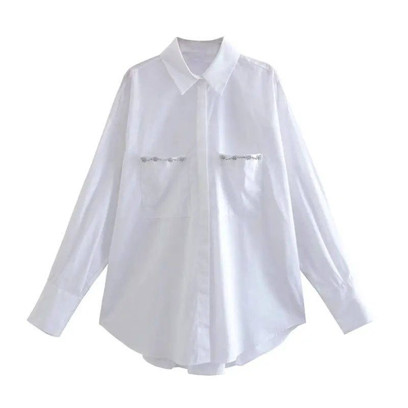 Elegant design white color collar beading pockets long sleeve women's fashion long sleeve blouses shirts