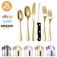 Ensemble de couverts en acier inoxydable doré avec manches noirs, couteaux à steak, finition polie miroir, coffret cadeau pour mariage