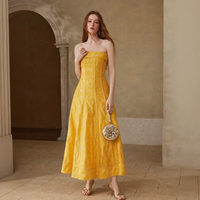 Robe de soirée d'été décontractée pour femme, jaune vif, sans manches, col montant, coupe trapèze, en tissu uni tissé, style bustier