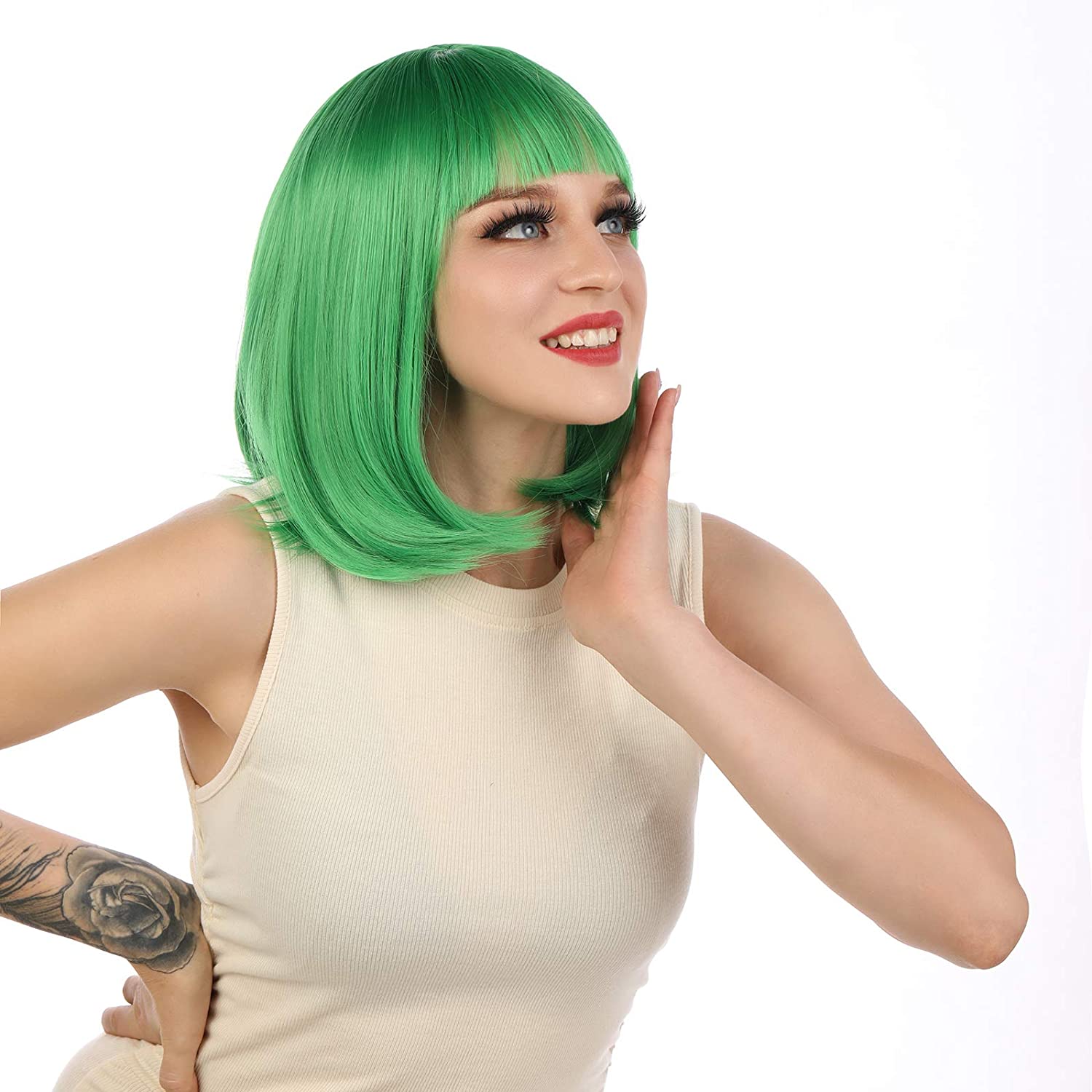 Factory wholesale 12 inch Short Bob Hair Wigs Straight with Flat Bangs Synthetic Colorful Cosplay Daily Party Wig for Women