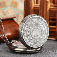 Montre de poche à Quartz avec pendentif en métal gris Antique Steampunk avec chaîne et motif de signes astrologiques