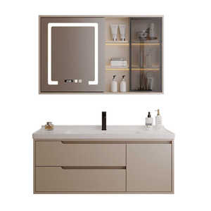 ตู้ห้องน้ำสีขาวเรียบง่าย ตู้กระจกอัจฉริยะ ประตูกระจกโชว์สินค้า อ่างล้างหน้าแบบวางบนเคาน์เตอร์สีขาว - Product Image 1