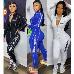 V-hals Custom Logo Vrouwen Rits Bodycon Flatlock Naad Workout Gym Jumpsuit Dames Een Stuk Lange Mouw Legging Sport Jumpsuit