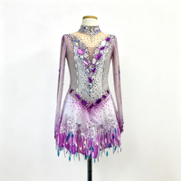 Costume de patinage artistique à franges dégradé violet et blanc, col montant, dos ouvert, strass, manches longues, pour adultes et enfants, compétition de danse sur glace