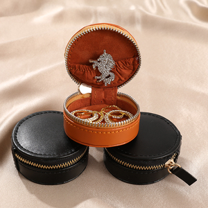 Boîte à bijoux ronde en velours avec fermeture éclair, organisateur de bijoux, mini étui en cuir personnalisé avec logo pour collier, boucles d'oreilles, bracelet - Product Image 2