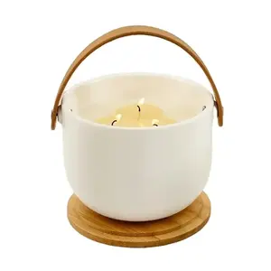 12 oz Fall Colors Three Wick Round Bottom Ceramic Embossed Logo Candle Jar with Bamboo Wooden Lids Wholesale Canada