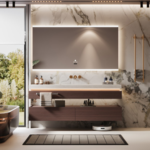 Meuble-lavabo flottant classique en bois massif, style luxe naturel, avec vasque en pierre frittée et armoire miroir LED intelligente - Product Image 1