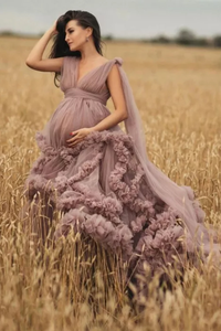 FK42 1M tren novias bata tul vestido de maternidad vestido con volantes bata Boda nupcial esponjoso Maxi embarazo sesión de fotos vestido camisón - Product Image 2