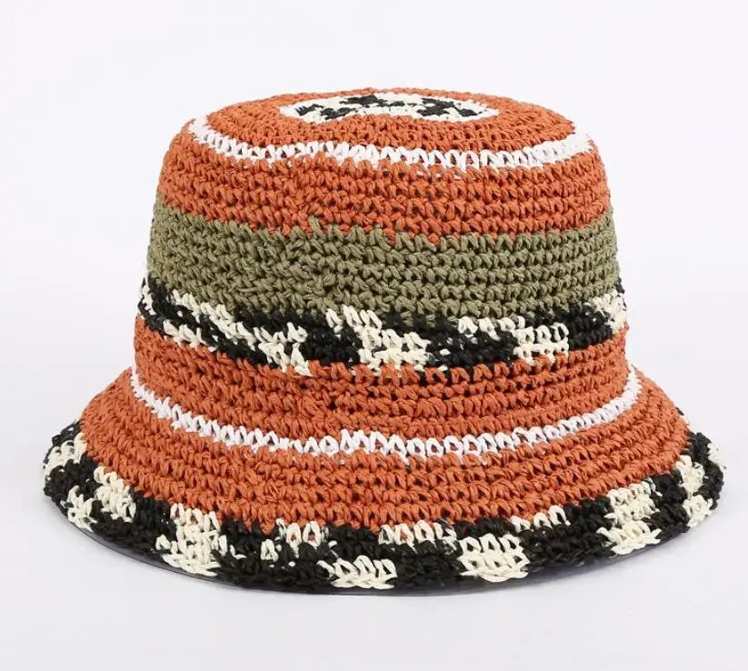 여자 여자 프리미엄 고품질 손 크로 셰 뜨개질 스트라이프 패턴 Boho 버킷 밀짚 모자
