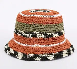 Women Girls Premium High Quality Hand Crochet Stripe Pattern Boho Bucket Straw Hat