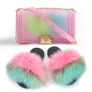 Handbag Italian Shoes Bag Set Purses Handbags High Quality Pu Handbag Match Fox Fur Slides Purse Set Shoes And Bag