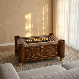 Structure rectangulaire en bois avec plateau en acier inoxydable intégré pour foyer et dessus en granit avec finitions en laiton. - Product Image 2