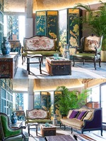 Canapé en cuir vintage de luxe de style français-chinoiserie, bois massif antique, artisanal, design original, meubles de salon importés