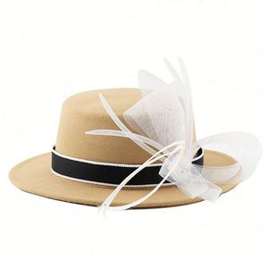 Flat Top Boater Fedora <b>Hat</b> <b>for</b> Women Silk Screen Printed Lace Ribbon Flower Elegant Church Party Promotional Use - Product Image 3