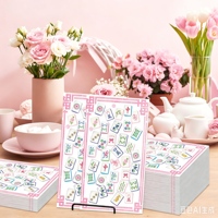 Serbet sekali pakai motif Mahjong Cina DAMAI, dekorasi meja makan pesta Imlek Asia, warna pink.
