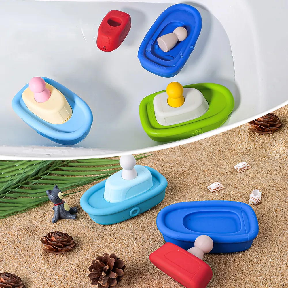 Custom BPA Free Food Grade Silicone Bath Water Toys Teethers Stacking Toy for Kids Baby Bath Toy Boat