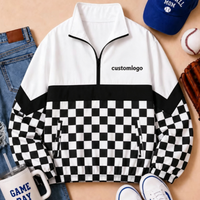 Blouson coupe-vent vintage en gros avec logo d'équipe, imprimé léopard à carreaux, manches longues, col zippé 1/4, brodé, style pull