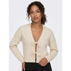 Cardigan court en maille torsadée pour femme, col en V, manches longues, à nouer, doux et décontracté, pour l'hiver - Product Image 1