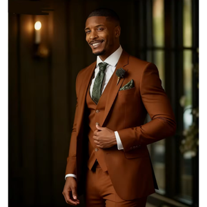 Costume <span class=keywords><strong>de</strong></span> smoking élégant 3 pièces pour <span class=keywords><strong>homme</strong></span>, couleur orange brûlé, avec <span class=keywords><strong>veste</strong></span> à revers crantés, gilet et pantalon, idéal pour mariage et garçons d'honneur - Product Image 1