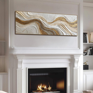 Peinture abstraite en plâtre à effet vague sur toile, grande, longue et large, blanche, or, argent, texturée, art mural panoramique de luxe avec feuille d'or - Product Image 6