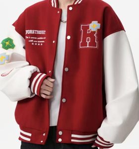 Veste de baseball unisexe en coton avec logo R brodé, style Letterman rouge et blanc, pour adulte - Product Image 4