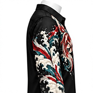 Camisa de Manga Larga Negra para Hombre con Estampado Gráfico de Lobo Gris y Humo, 100% Algodón, Transpirable, Estilo Casual, Venta al Por Mayor - Product Image 6