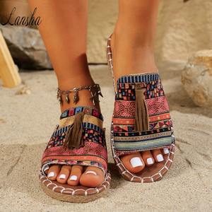 2025 Retro Bohemia Floral patrón geométrico ancho PU cuero correa cruzada punta abierta zapatillas para mujer playa borlas Sandalias planas - Product Image 4