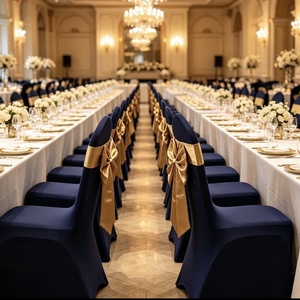 Navy Blue Elastic <strong>Spandex</strong> <strong>Chair</strong> <strong>Cover</strong> With Removable Gold Bow Sash Stretch Slipcover for Wedding Banquet Hotel Party Decoration - Product Image 2