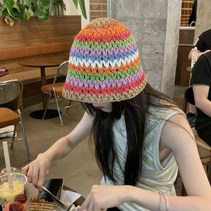 Color Woven Bucket <b>Straw</b> <b>Hat</b> Female Summer Show Face Small Big Head Round Hollow Fisherman <b>Hat</b> Breathable Basin <b>Hat</b> - Product Image 1