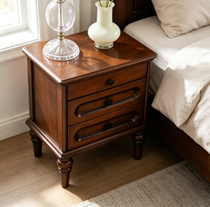 New Arrival Three <b>Drawer</b> Oval Recessed Panel Solid Wood Nightstand with Turned Bun Leg & Round Knobs - Product Image 2