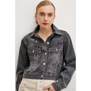 แจ็คเก็ตยีนส์สีแอนทราไซต์ปักลายด้านหลังสไตล์วินเทจสำหรับผู้หญิง ทำจากผ้าฝ้าย - Product Image 2