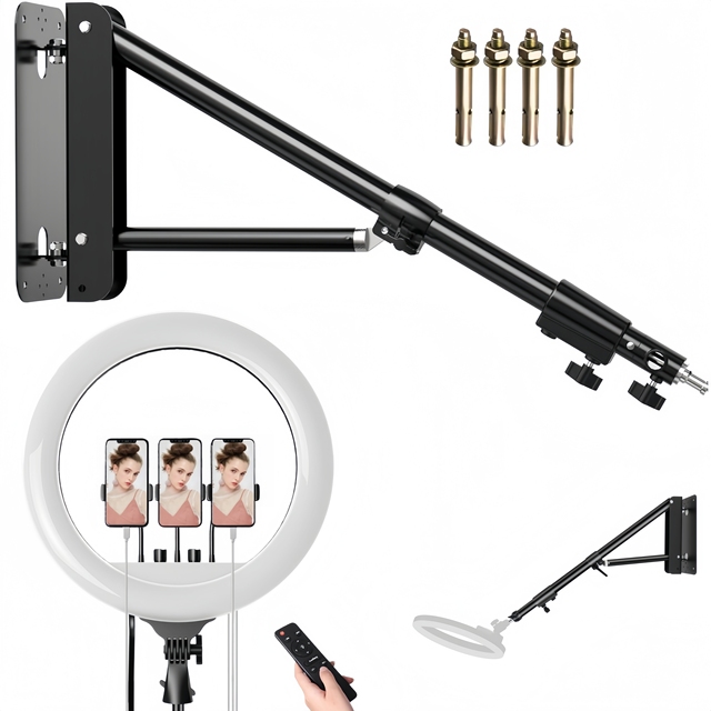 18 Inch Ring Light with Remote Control and 51 Inch Wall Mounted Triangle Boom Arm for Beauty Salon and Barber Light